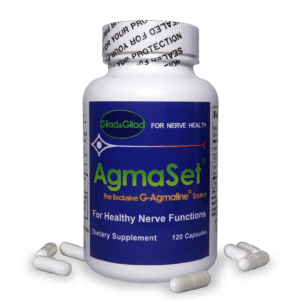 A bottle of agmaset is shown with pills.